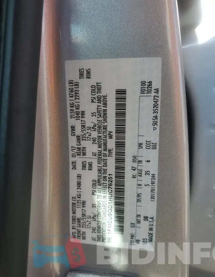1FMCU9GD1HUC76251 Photo# 13