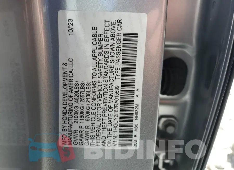 1HGCY2F62RA015699 Photo# 12