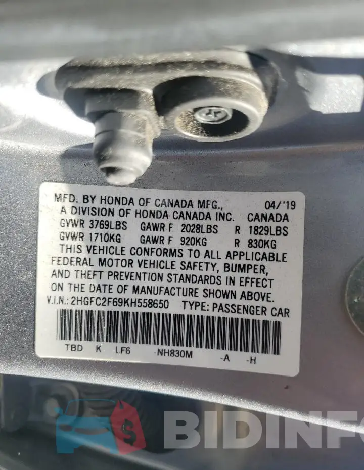 2HGFC2F69KH558650 Photo# 12