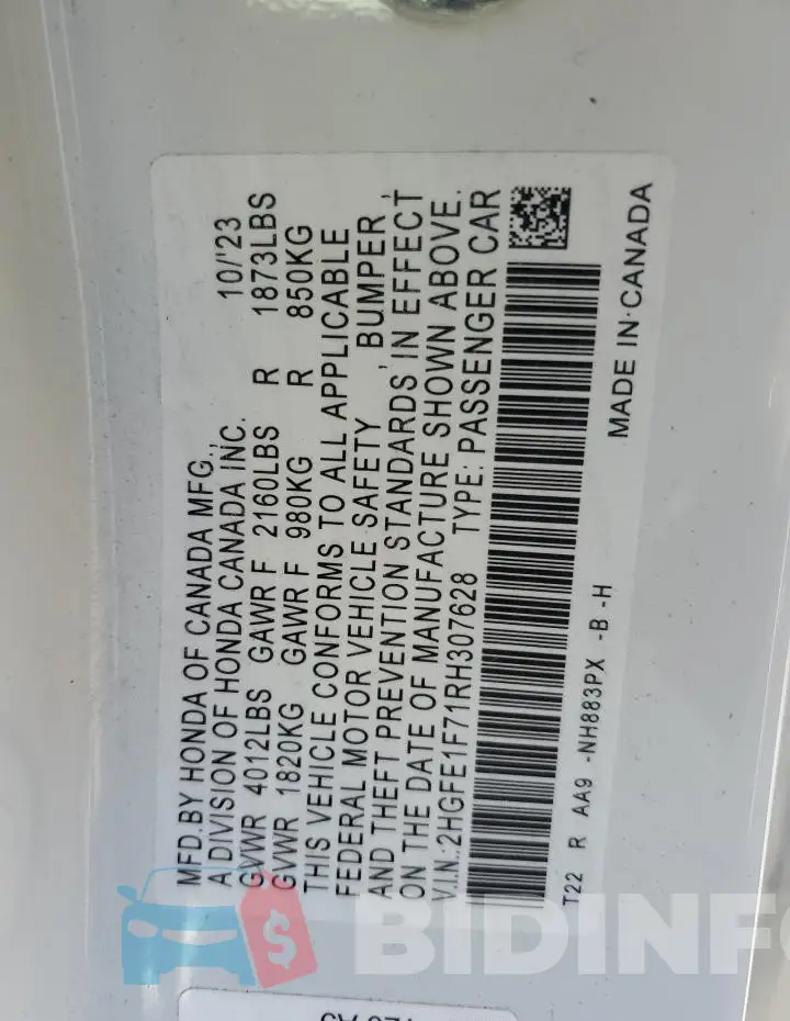 2HGFE1F71RH307628 Photo# 13