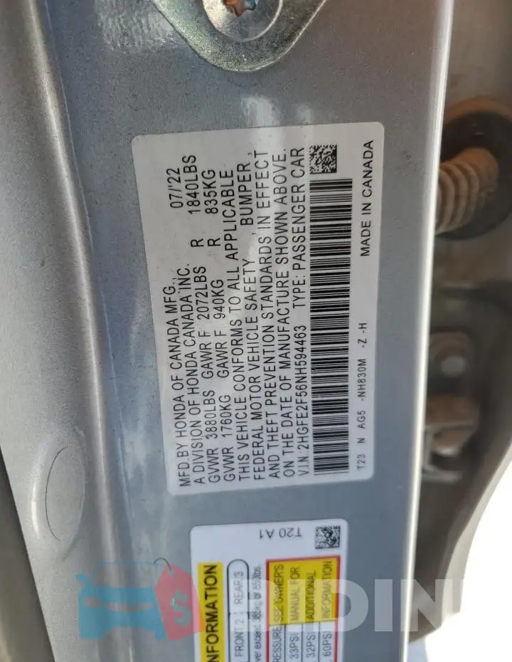 2HGFE2F56NH594463 Photo# 12