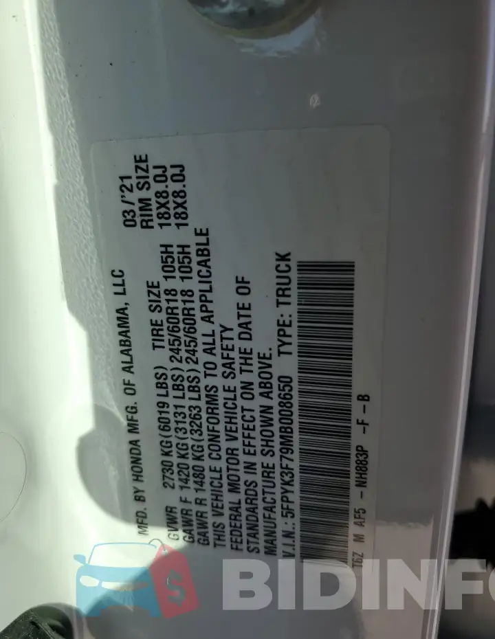 5FPYK3F79MB008650 Photo# 13