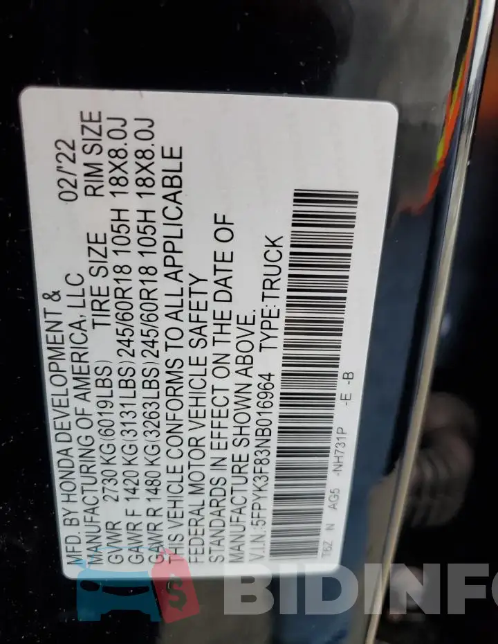 5FPYK3F83NB016964 Photo# 13