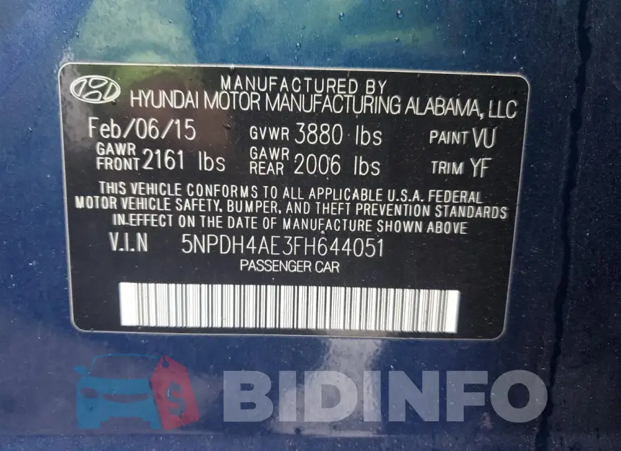 5NPDH4AE3FH644051 Photo# 12