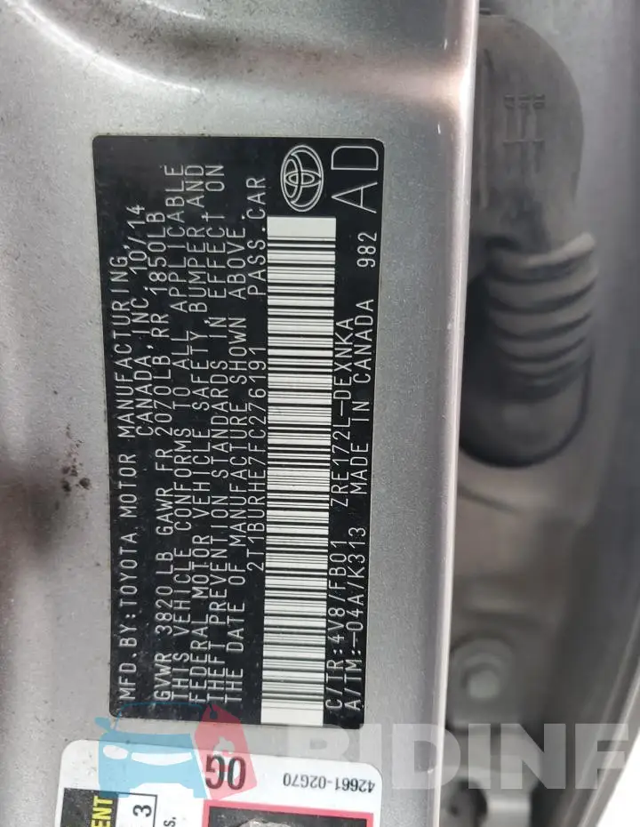 2T1BURHE7FC276191 Photo# 12
