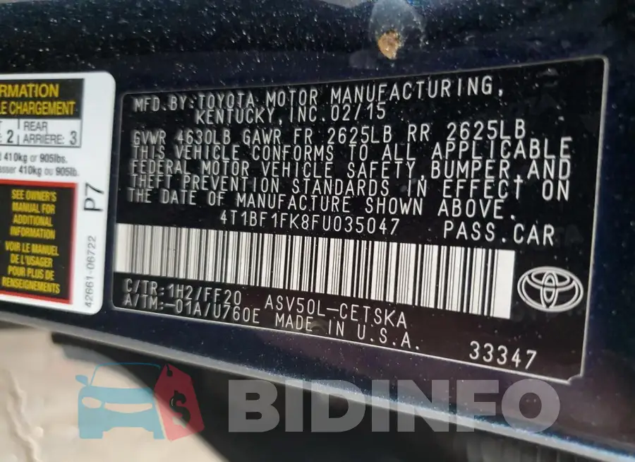 4T1BF1FK8FU035047 Photo# 12