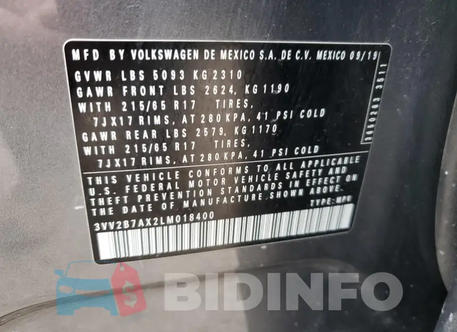 3VV2B7AX2LM018400 Photo# 14