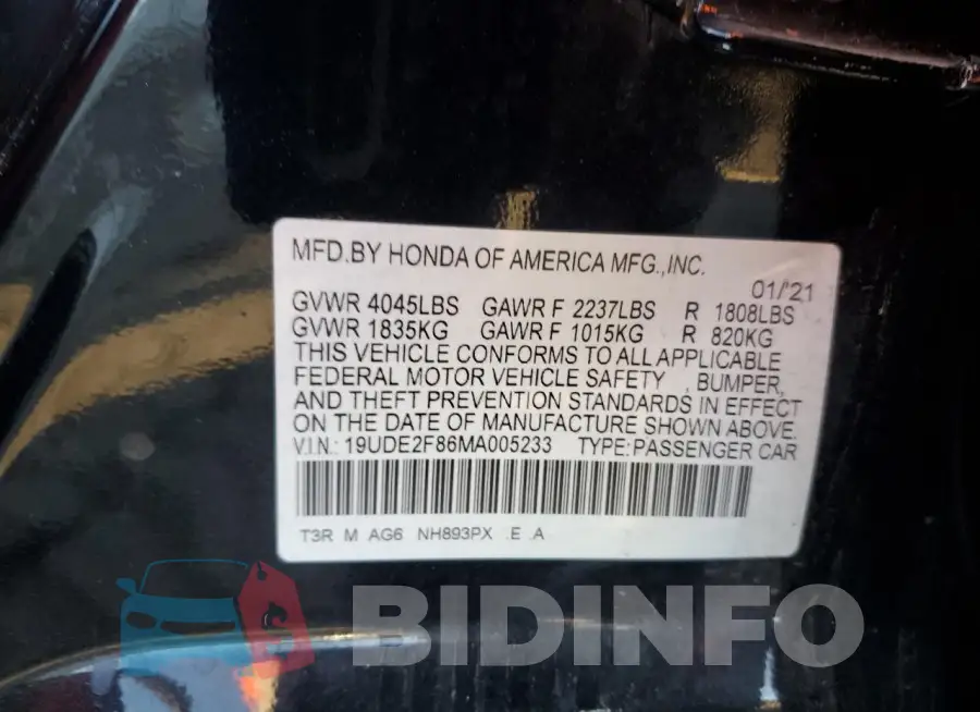 19UDE2F86MA005233 Photo# 12
