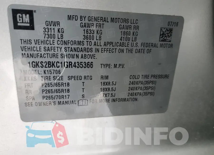 1GKS2BKC1GR435366 Photo# 14
