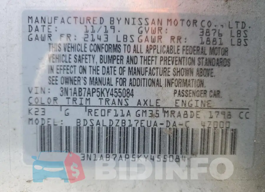 3N1AB7AP5KY455084 Photo# 12