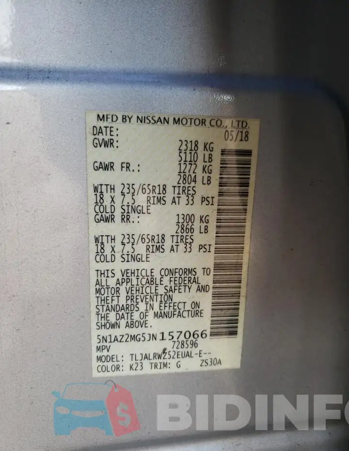5N1AZ2MG5JN157066 Photo# 13