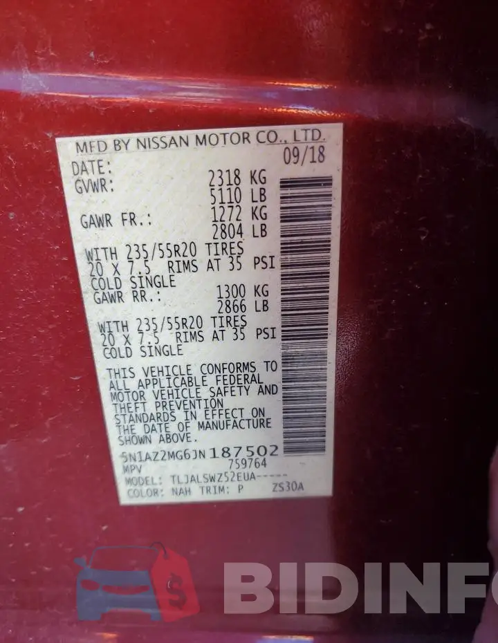 5N1AZ2MG6JN187502 Photo# 13