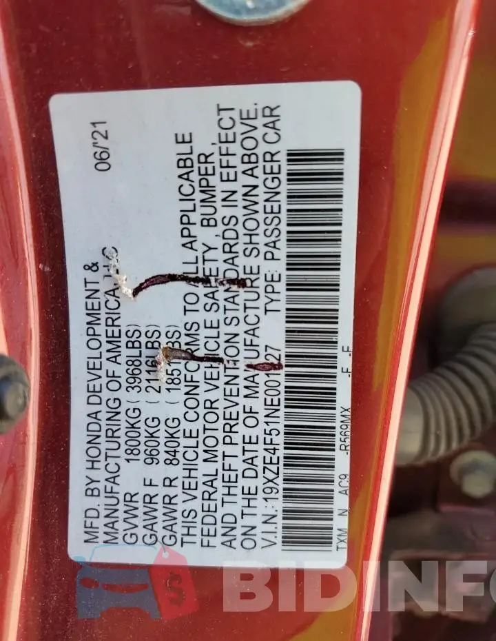 19XZE4F51NE001627 Photo# 12