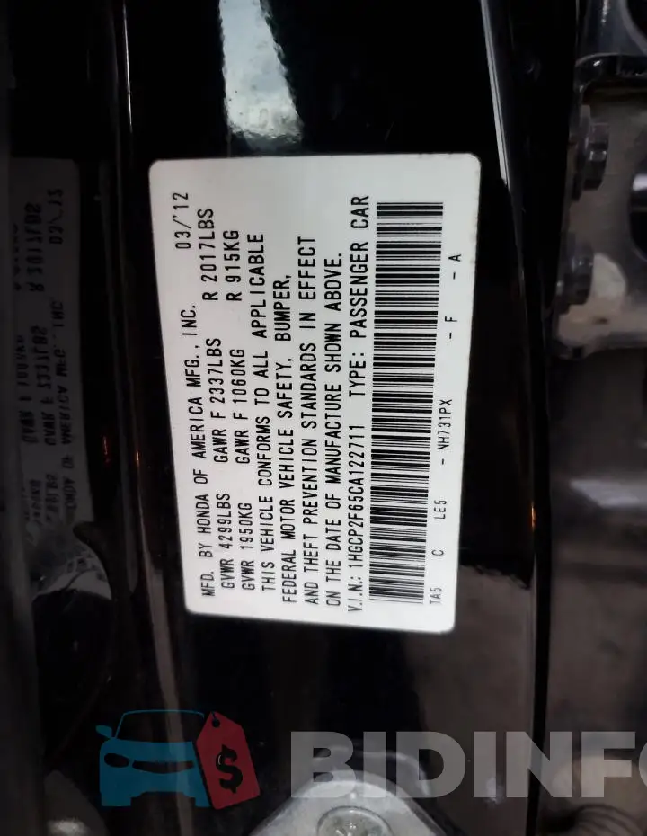 1HGCP2F65CA122711 Photo# 12