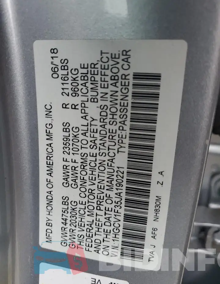 1HGCV1F35JA190221 Photo# 12
