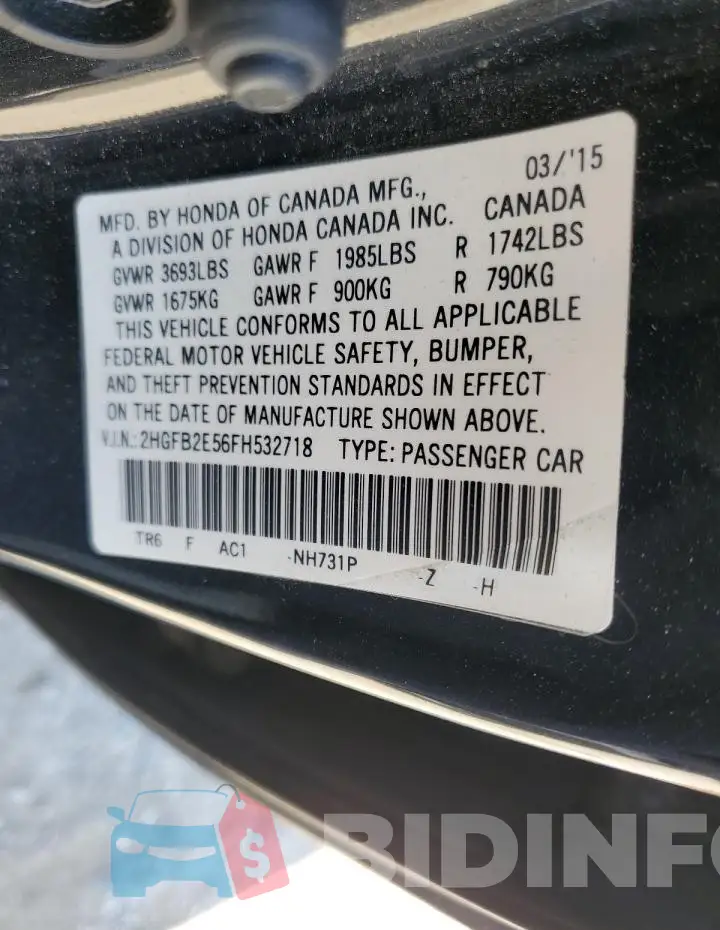 2HGFB2E56FH532718 Photo# 12
