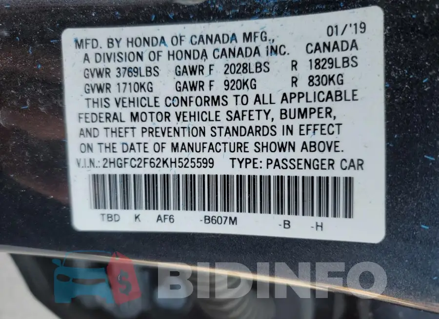 2HGFC2F62KH525599 Photo# 12