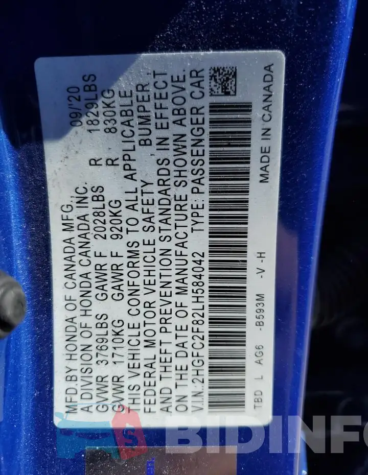 2HGFC2F82LH584042 Photo# 12