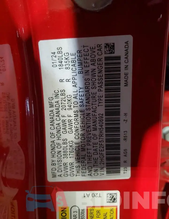 2HGFE2F57RH540692 Photo# 13