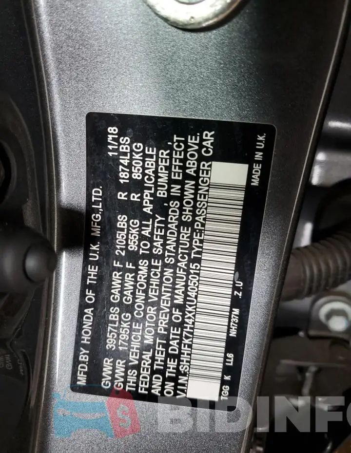 SHHFK7H4XKU405015 Photo# 13