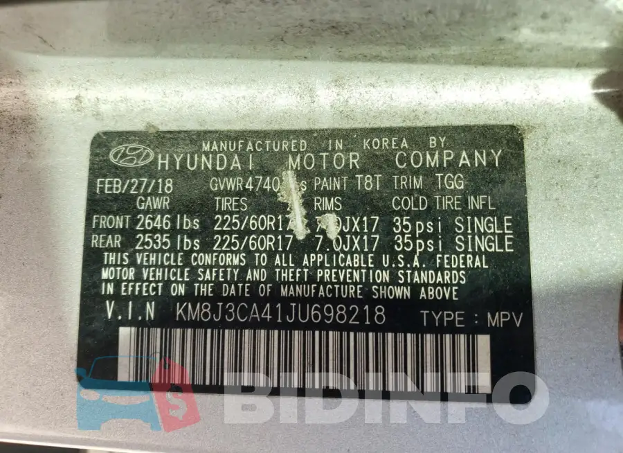 KM8J3CA41JU698218 Photo# 14