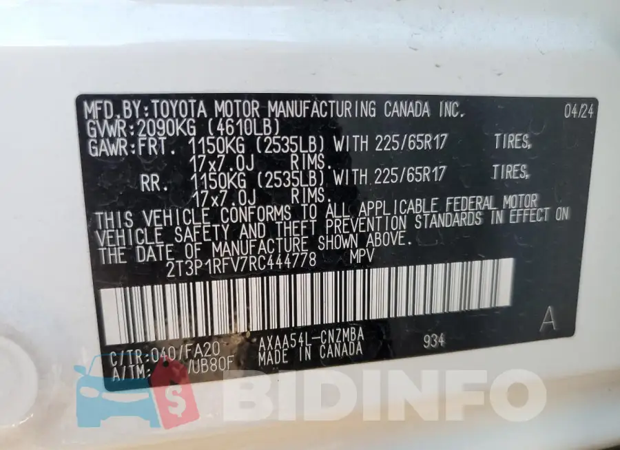 2T3P1RFV7RC444778 Photo# 13