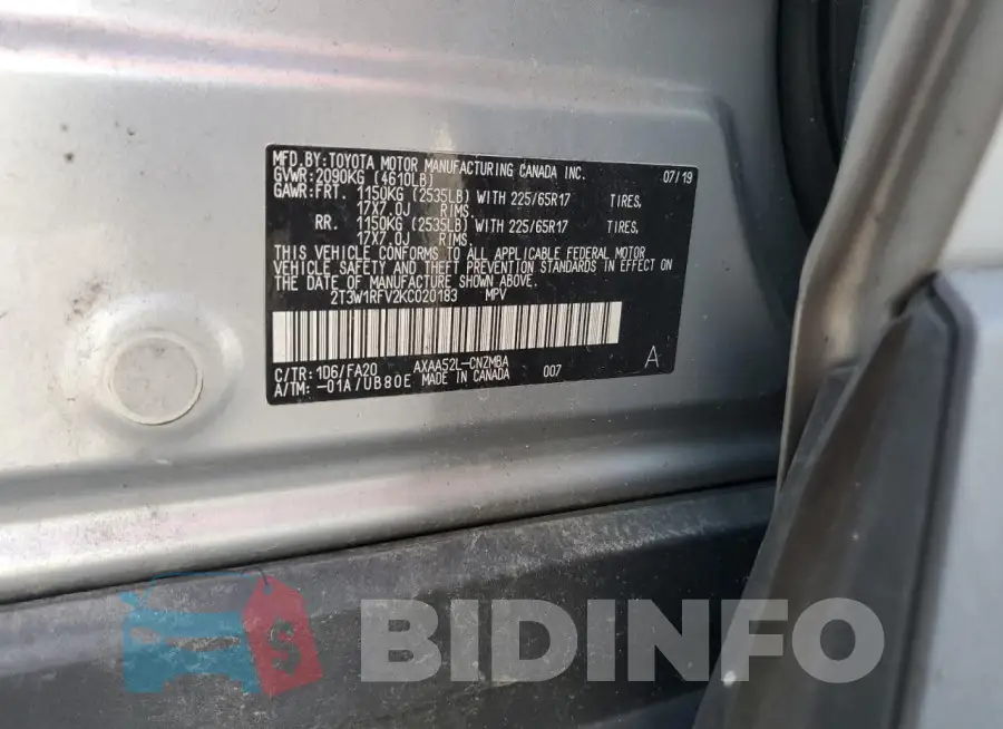 2T3W1RFV2KC020183 Photo# 12