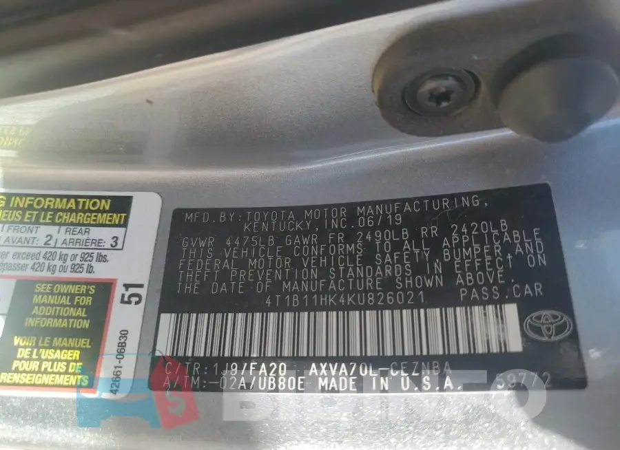 4T1B11HK4KU826021 Photo# 12