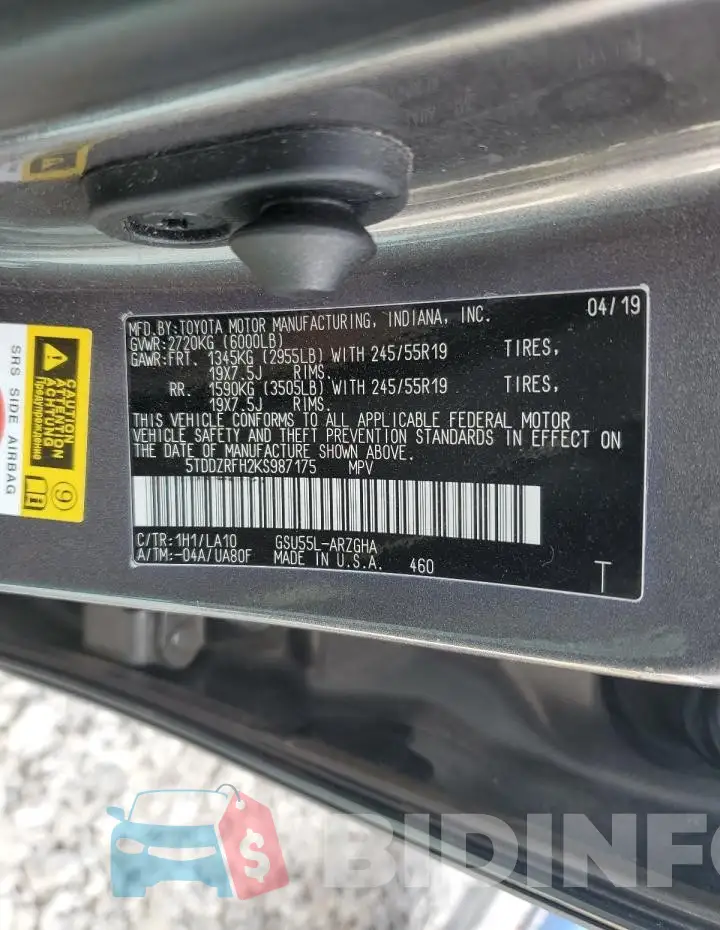 5TDDZRFH2KS987175 Photo# 12