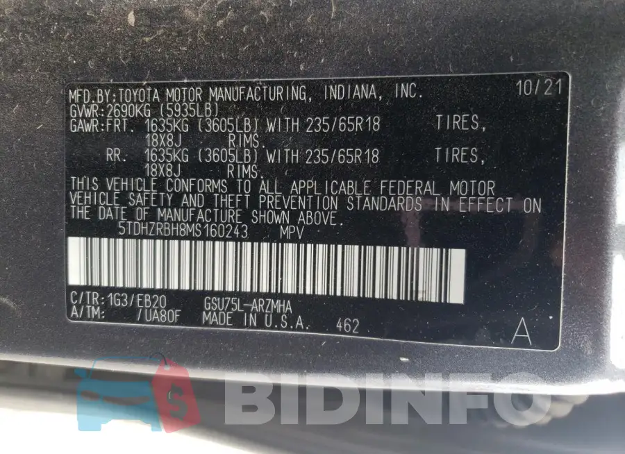 5TDHZRBH8MS160243 Photo# 12