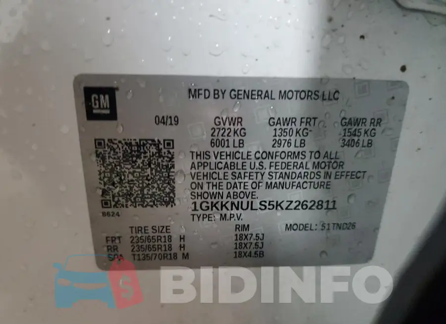 1GKKNULS5KZ262811 Photo# 13