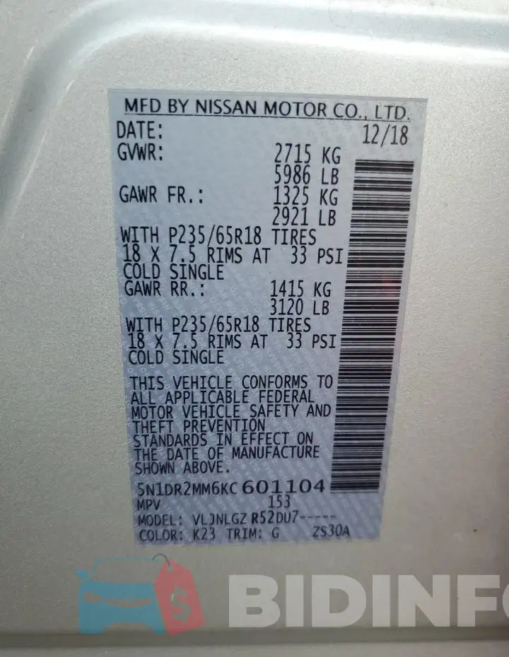 5N1DR2MM6KC601104 Photo# 13