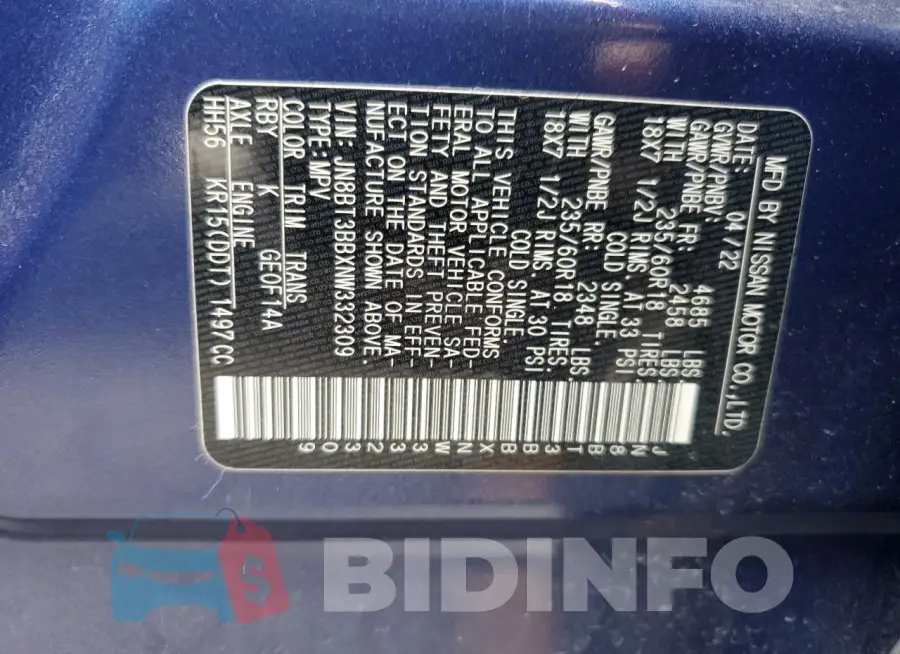 JN8BT3BBXNW332309 Photo# 13