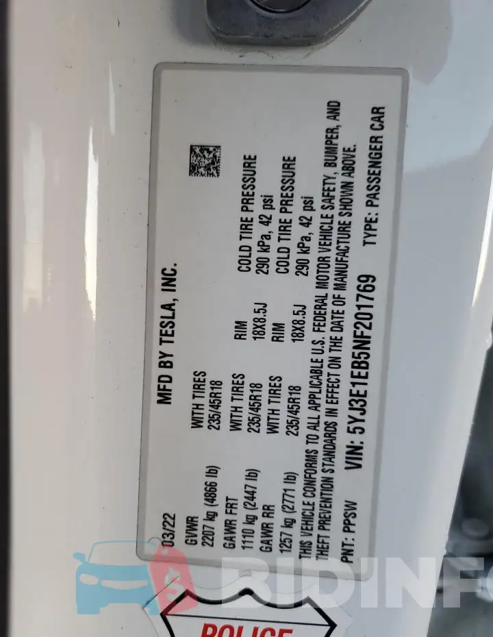 5YJ3E1EB5NF201769 Photo# 12