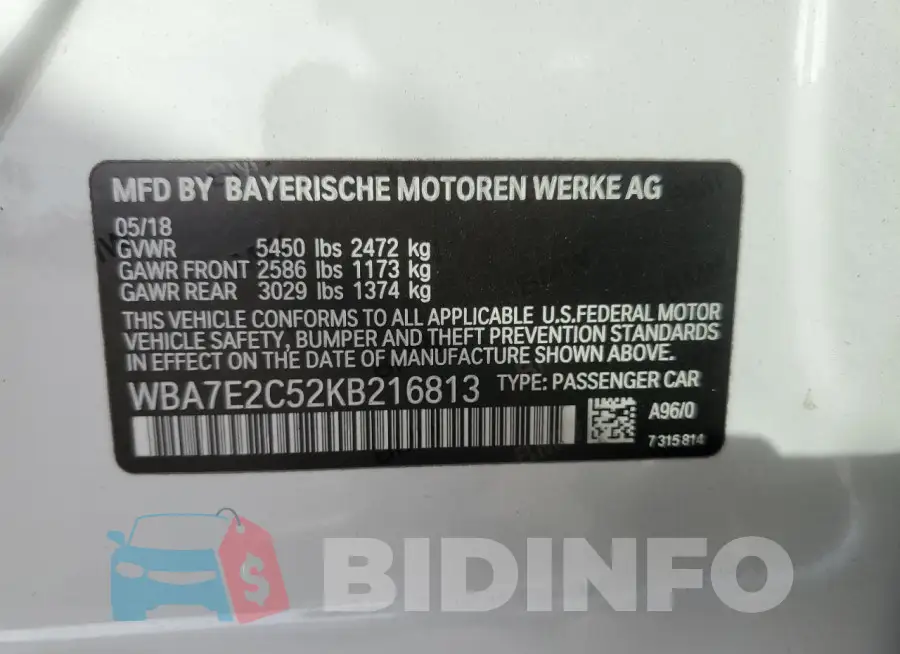 WBA7E2C52KB216813 Photo# 12