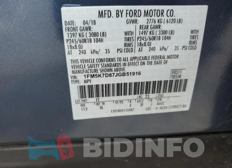 1FM5K7D87JGB51916 Photo# 13