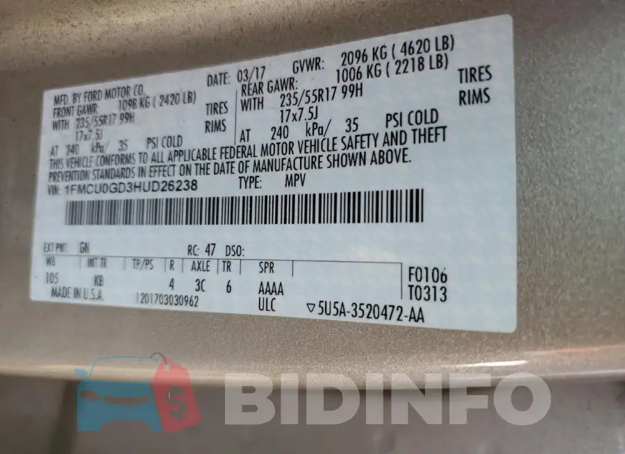 1FMCU0GD3HUD26238 Photo# 13