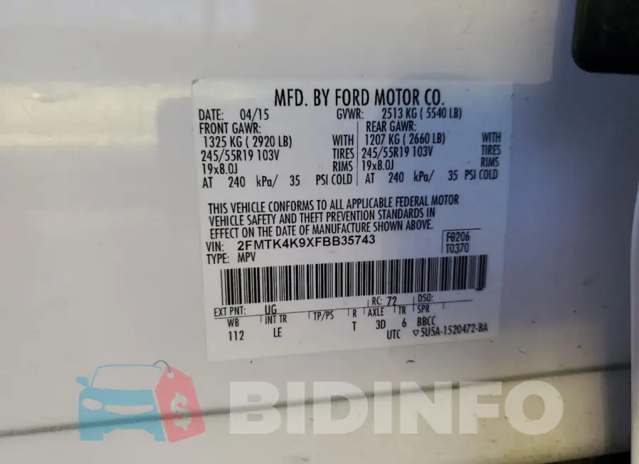 2FMTK4K9XFBB35743 Photo# 13