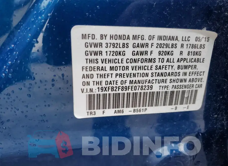 19XFB2F89FE078239 Photo# 12