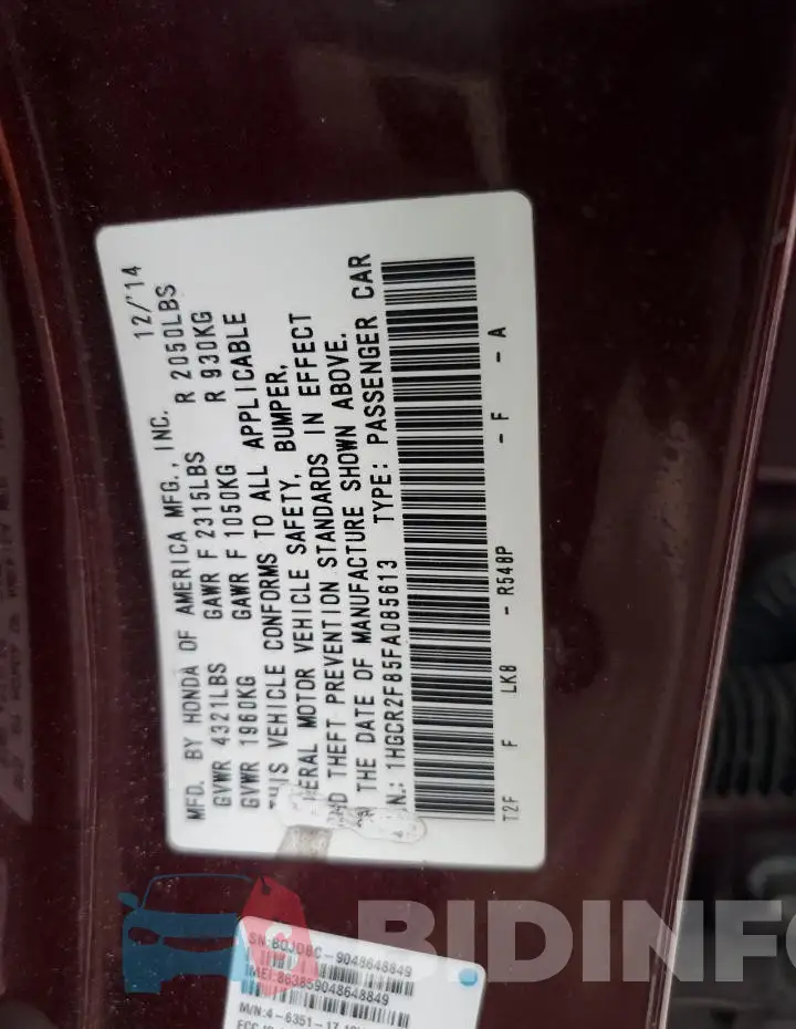 1HGCR2F85FA085613 Photo# 13