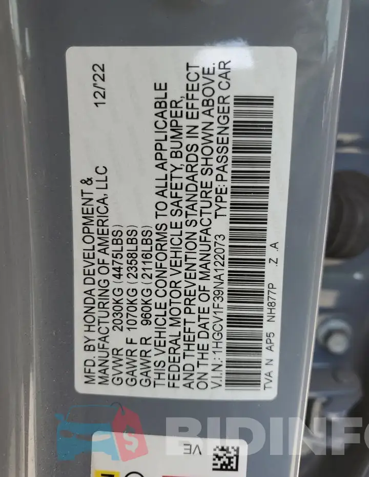 1HGCV1F39NA122073 Photo# 12