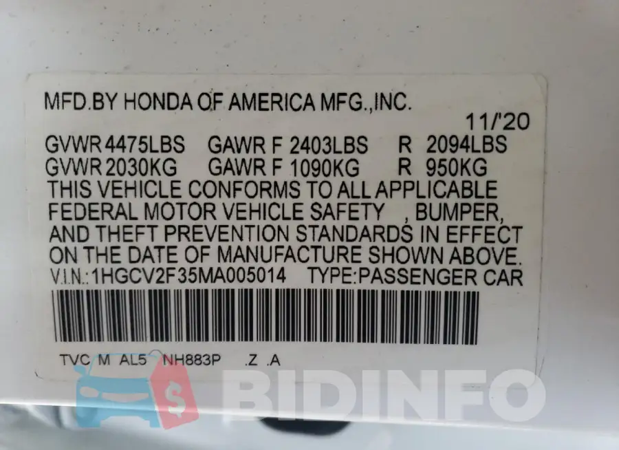 1HGCV2F35MA005014 Photo# 13