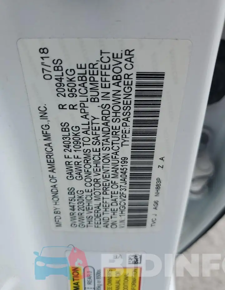 1HGCV2F37JA045199 Photo# 12