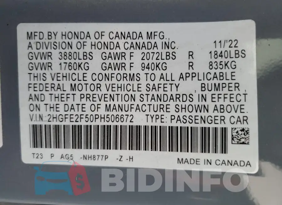 2HGFE2F50PH506672 Photo# 13