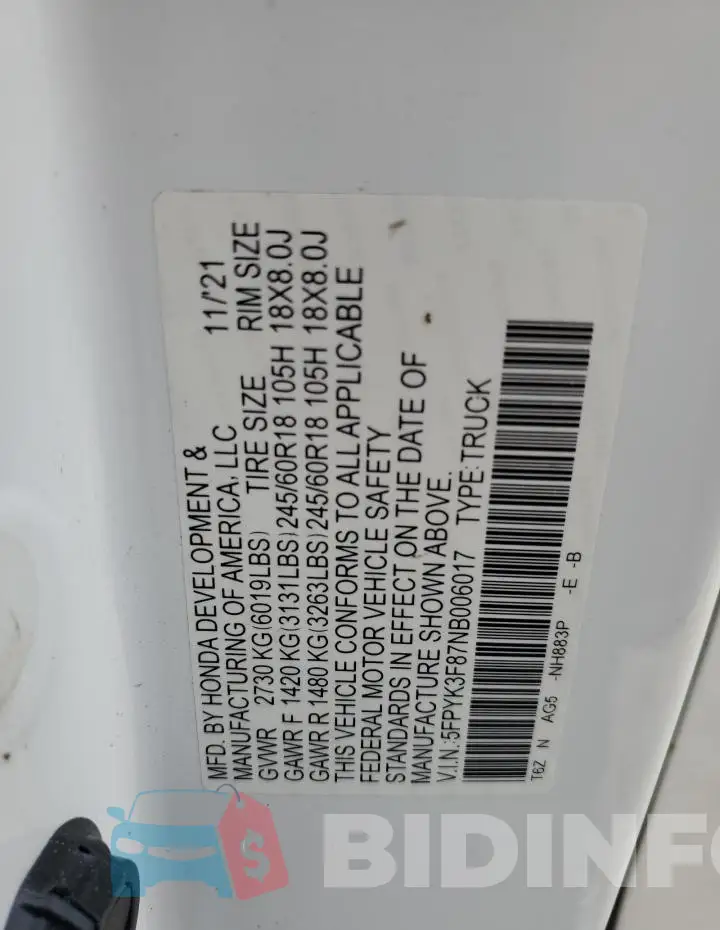 5FPYK3F87NB006017 Photo# 13