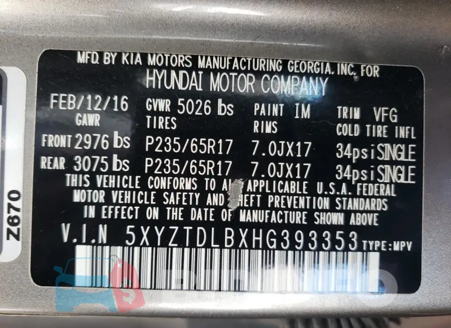 5XYZTDLBXHG393353 Photo# 13