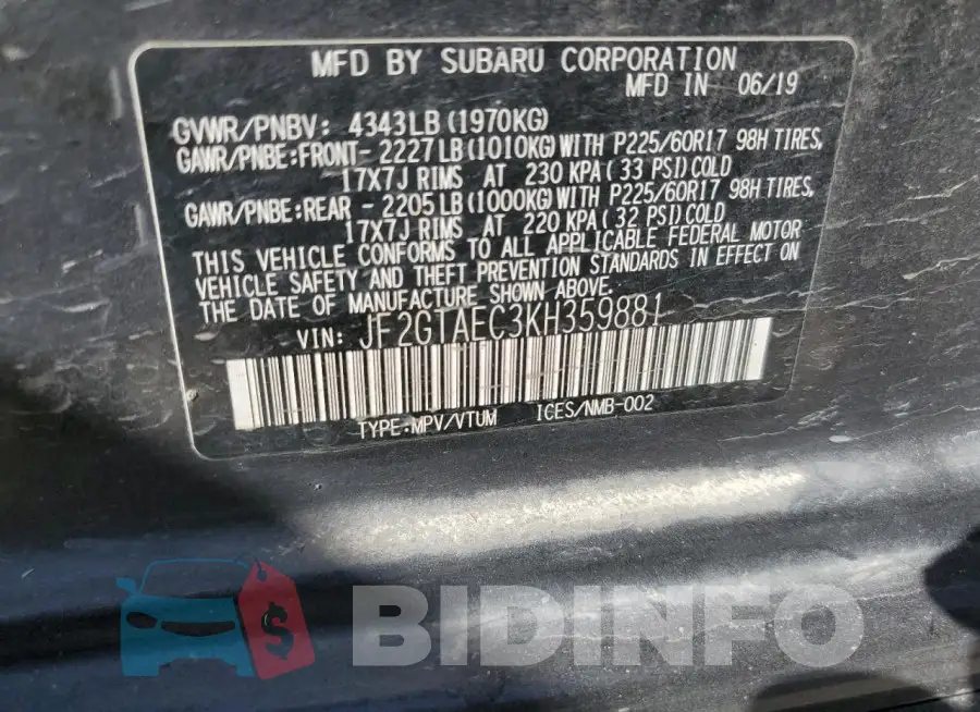 JF2GTAEC3KH359881 Photo# 14