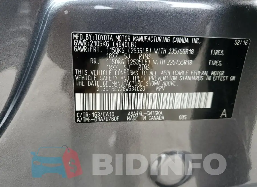 2T3DFREV2GW534020 Photo# 13