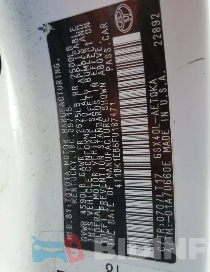 4T1BK1EB6FU187471 Photo# 12