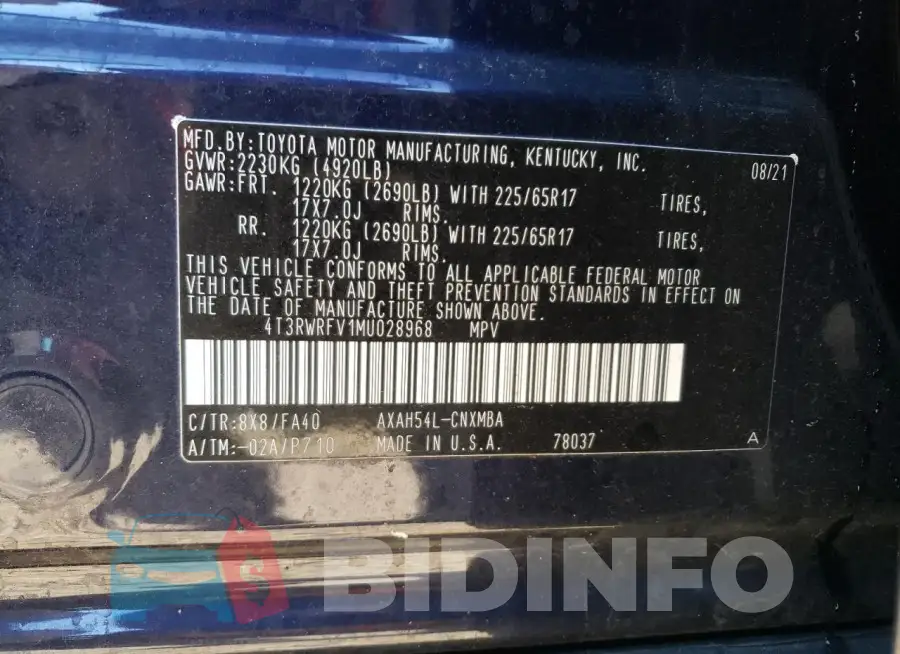 4T3RWRFV1MU028968 Photo# 13